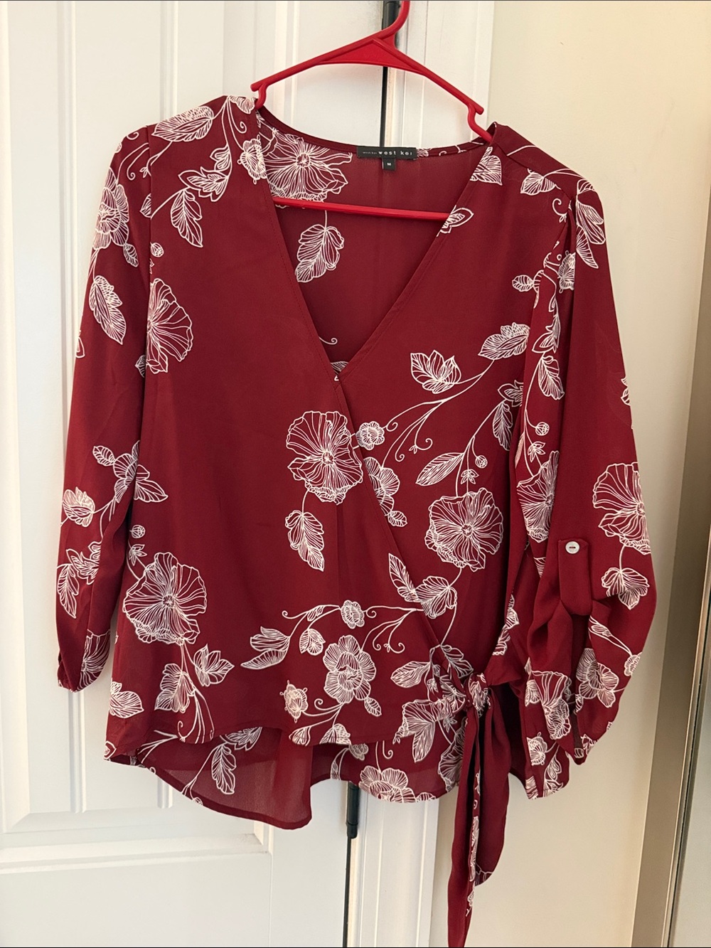 West Kei Burgundy Floral Wrap Blouse